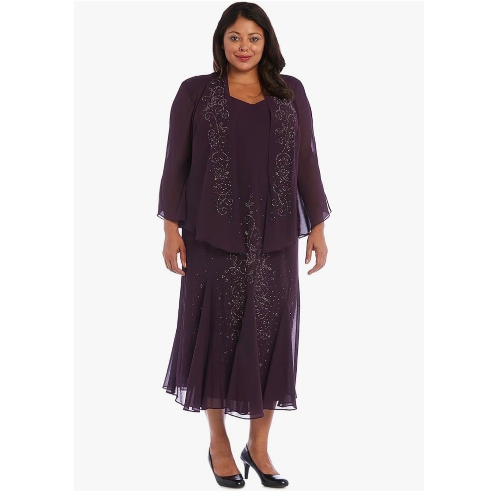 R&M Richards Plum Purple Beaded 2-Piece Dress Set Jacket Plus Size 30W Formal